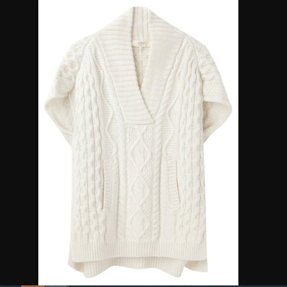 Vanessa Bruno Athé Cable Knit V-Neck Poncho Sweater in Ecru - Alpaca Wool Blend - Picture 4 of 7